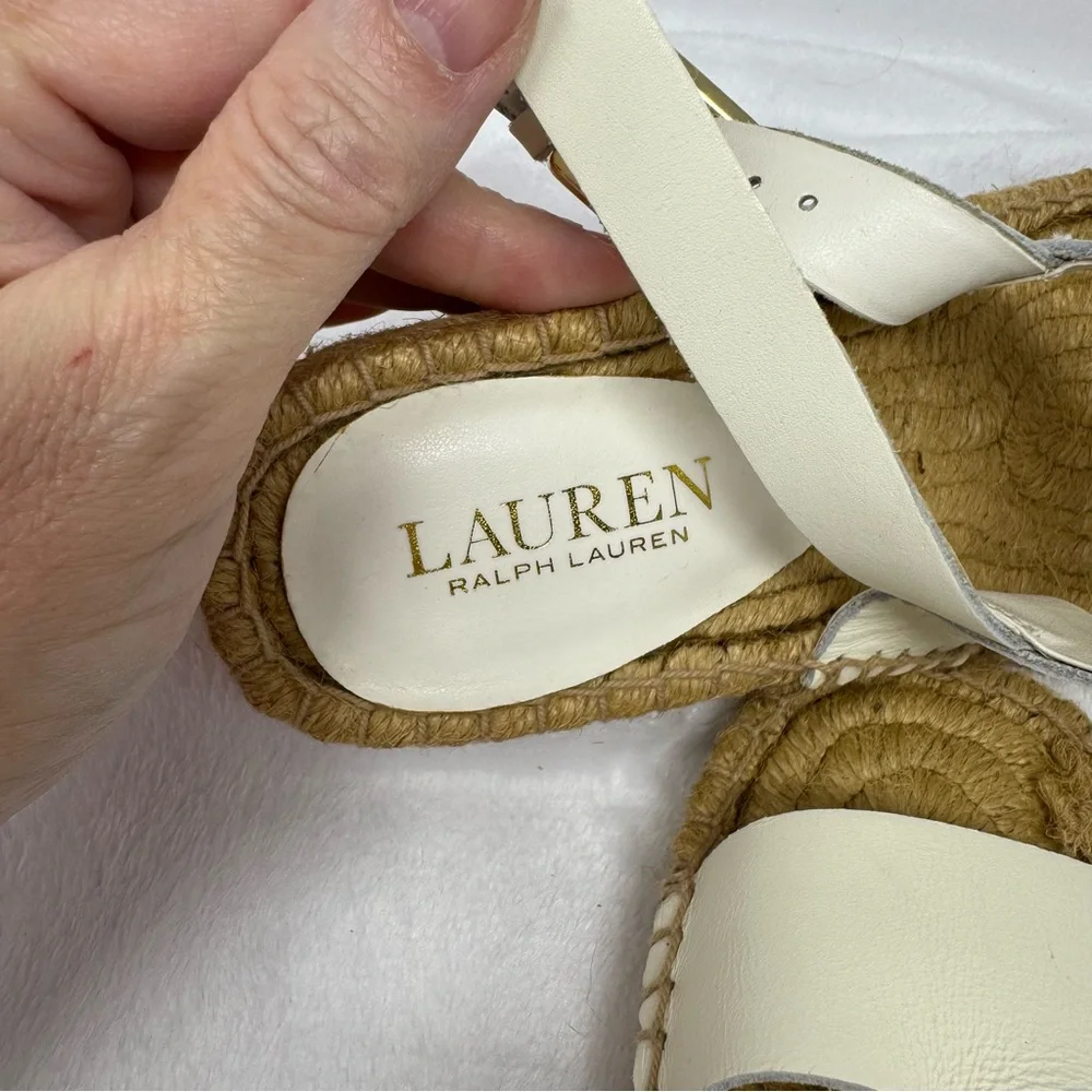 Lauren Ralph‎ Lauren White Leather Bena Wedge Espadrilles Size 7.5 Gold-tone